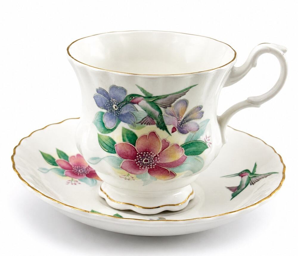 Crown Dorset Hummingbird Floral Fine Bone China Teacup & Saucer England